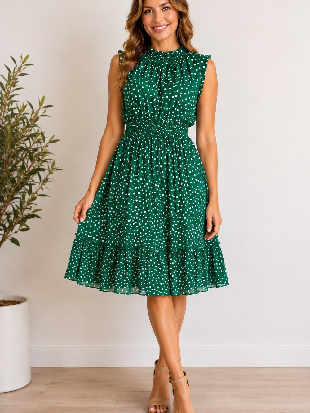 Kate & Lily Sleeveless Green Polka Dot Smocked Waist Dress midi size 14 NWT